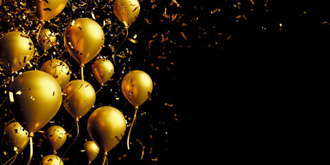 Gold balloon and foil confetti falling on black background with copy space 3d render - obrazy, fototapety, plakaty