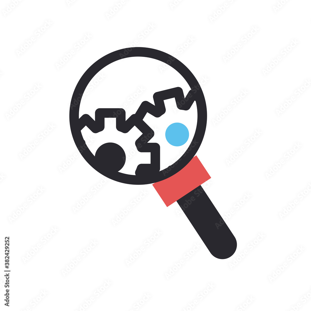 Poster gears in lupe line and fill style icon vector design