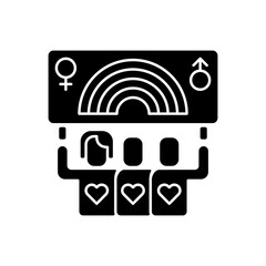 Pride parade glyph icon. Bisexual life. People holding banner with rainbow flag. Lesbian ideas. Pride sign. Gay society. Silhouette symbol on white space. Vector isolated illustration