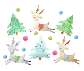  Cute deer in blankets, Christmas trees  made in pastel colors. Watercolor set isolated on a white background.