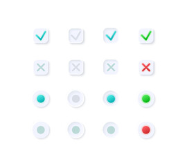 Tick and cross buttons UI elements kit. Active and disabled isolated vector icon, bar and dashboard template. Web design widget collection for mobile application with light theme interface