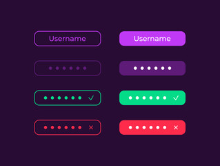 Obraz premium User protection UI elements kit. Register member. Login isolated vector icon, bar and dashboard template. Web design widget collection for mobile application with dark theme interface