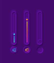 Volume sliders UI elements kit. Mute or play switch. Multimedia settings isolated vector icon, bar and dashboard template. Web design widget collection for mobile application with dark theme interface