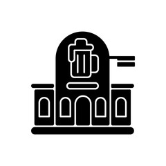 Pub black glyph icon. Bar front to drink ale. Beer store. Alcoholic beverage shop. Brewery for ale and stout. Traditional british diner. Silhouette symbol on white space. Vector isolated illustration