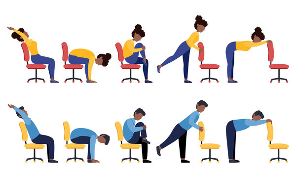 Set of black women and men doing office chair exercises. Bundle of workers workout for healthy back, neck, arms, legs. Sport for the wellbeing. Vector illustration isolated on white background.