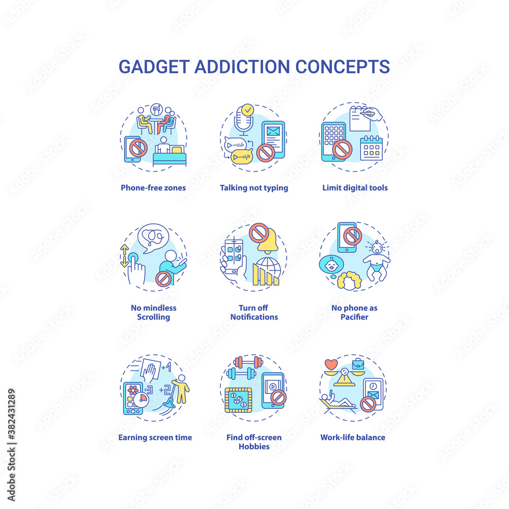Poster gadget addition concept icons set. screen time reducing idea thin line rgb color illustrations. phon