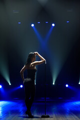 Fototapeta na wymiar Silhouette of singer standing on stage at microphone in night club.