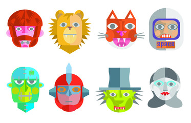 a set of scary and cute halloween characters based on vintage creepy masks