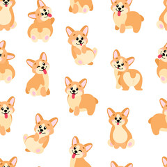 Obraz premium Cute dog in cartoon style, texture for wrapping paper. Seamless pattern with pembroke welsh corgi. Vector illustration for print, greeting cards, decor, posters, fabric.