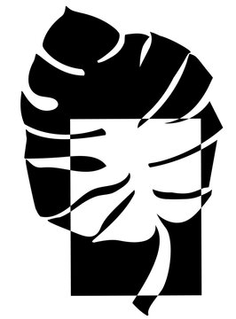 Monstera leaf silhouette isolated on white geometrical background. Monstera tree leaf black sihouette vector illustration.  Monochrome design.