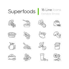 Superfoods variety pixel perfect linear icons set.Organic vegetables options. Healthy lifestyle idea. Customizable thin line contour symbols. Isolated vector outline illustrations. Editable stroke