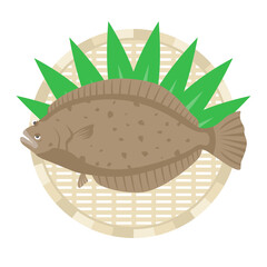 ザルにのせたヒラメのイラスト