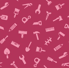 Hand tools, construction, seamless pattern, color, lilac. Pink icons on a crimson field. Colored flat background. Vector.  