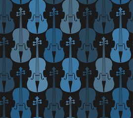 Violins, blue, seamless pattern. Blue violins on a dark field. Color, flat decor. Vector.  