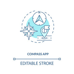 Compass app concept icon. Gadget function idea thin line illustration. Accurate location reading. True and magnetic direction. Vector isolated outline RGB color drawing. Editable stroke