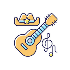 Country music RGB color icon. Acoustic guitar types. Traditional west american cowboy hat. Song notes. National cultury. Isolated vector illustration