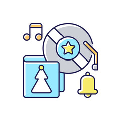 Holiday music RGB color icon. Christmas song library. Vinyl cover with xmas tree picture. Different notes. Big bell. Isolated vector illustration