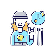 Rock music RGB color icon. Drumer boy in sweatshirt with skull. Wooden drum sticks. Hard songs types. Rock sign showing. Isolated vector illustration