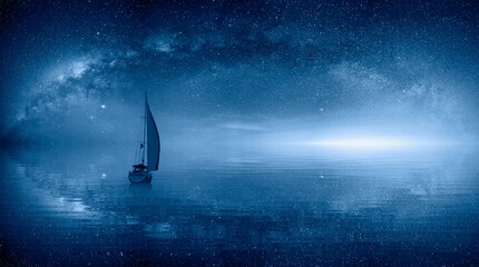 lone sailing luxur yacht under starry night sky with milkyway galaxy