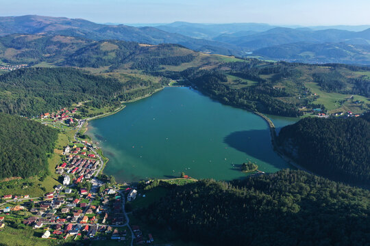 Aerial view of the Palcmanska Masa reservoir in the village of Dedinky in Slovakia