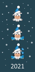 Christmas and Ner Year caqrd with cute cow in Santa hat and with mittens, symbol 2021 year