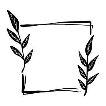 Black line square frame with leaves on 2 white silhouette for cut file. Vector illustration for decorate logo, text, wedding, greeting cards and any design.
