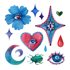 Watercolor elements isolated on white background (flower, stars, stars, drops, moon, beetle, lock, eye).