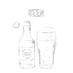 Charcoal drawing of beer open bottle and glass on white background
