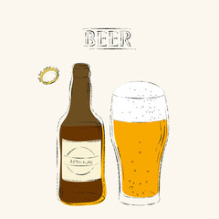 Retro style beer illustration with open bottle, beer glass