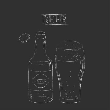 Vector chalk illustration of open beer bottle and beer glass
