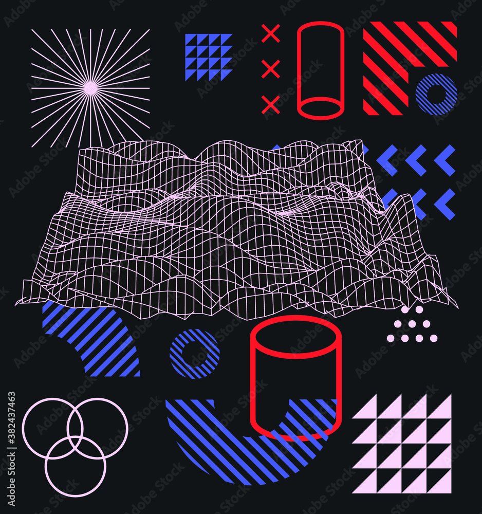 Poster Abstract technology background with warped grid and geometric shapes. Vaporwave and synthwave style poster.