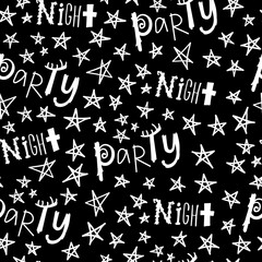Hand drawn seamless pattern. White stars, party word, night word isolated on black background. Night party lettering.
