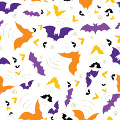 Vector seamless pattern with colorful bats. White background for Halloween.