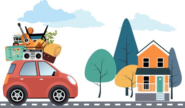 Car loaded with household items next to a small suburban house, EPS 8 vector illustration