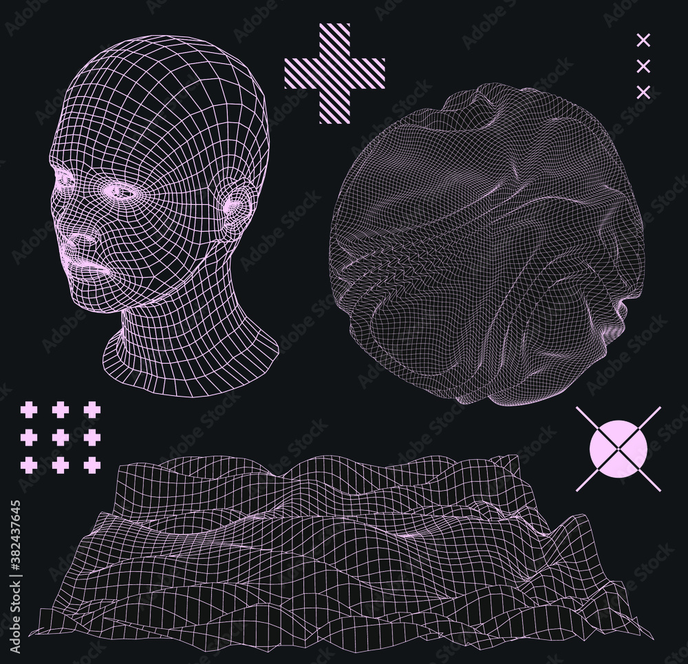 Poster Low poly 3D head, human face structure made of grid. Biometrics, Facial Recognition and Cyber Security concept.