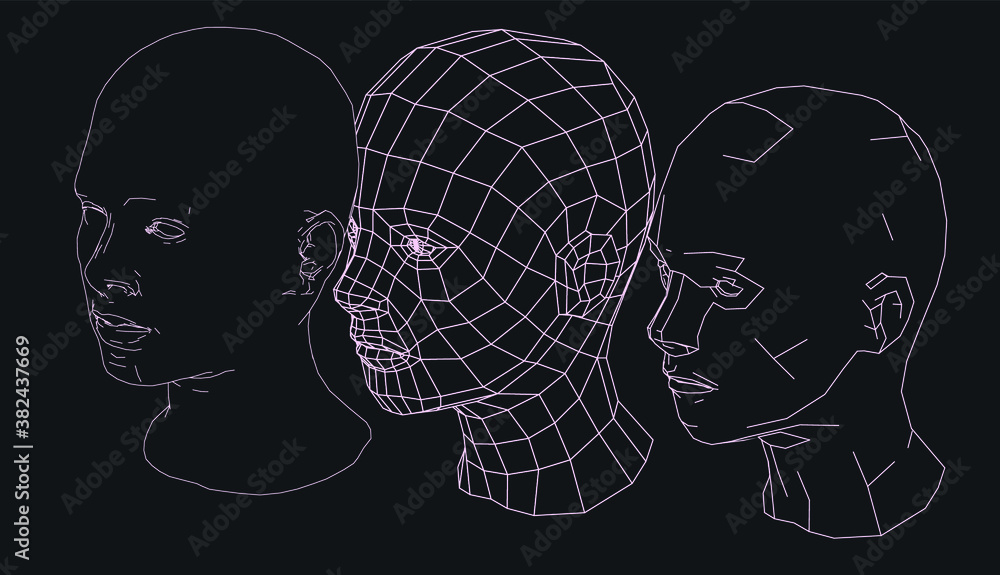 Aufkleber low poly 3d head, human face structure made of grid. biometrics, facial recognition and cyber securi