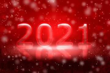 Abstract red christmas background. The inscription 2021 on a blurred background with bokeh.