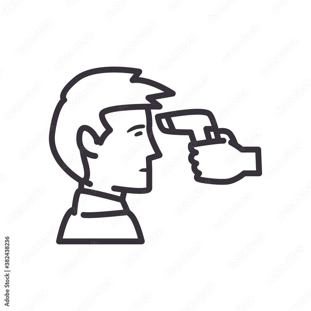 Poster hand holding electronic thermometer checking man line style icon vector design