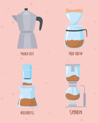 coffee brewing methods, collection moka pot drip brew aeropress and syphon