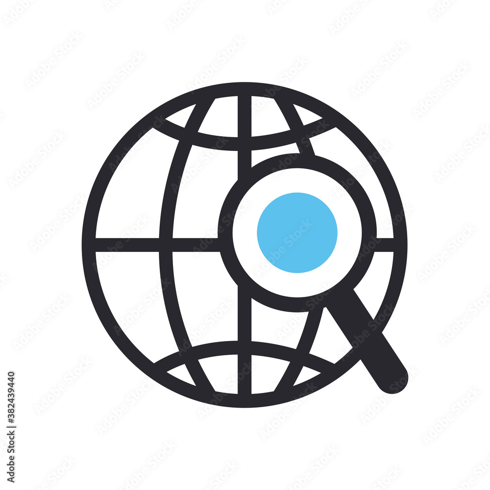 Poster lupe in front of global sphere line and fill style icon vector design