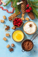 Seasonal baking winter. Ingredients for Christmas baking - cocoa, cranberries, spices, nuts, flour and eggs on a blue stone background. Flat lay. View from above.