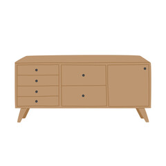 Wooden chest of drawers for cozy apartment in Scandinavian style, brown color. Hand drawn hygge furniture for stylish home. Modern ouse decoration. Vector illustration, isolated on white background. 