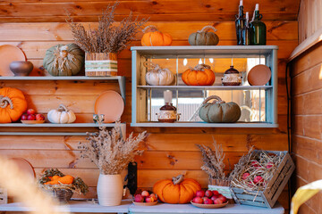 Farm interior design. Preparing for Thanksgiving Day with your own hands. Handmade pumpkin vegetables harvest festival. Halloween decoration. Autumn mood idea. country house. Sweet home