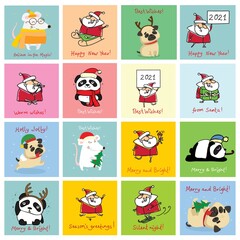 Vector illustration of christmas cats, pigs, rats and dogs with Christmas and new year greetings.