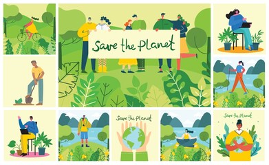 Set of eco save environment pictures. People taking care of planet collage.