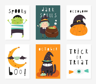 Halloween greeting cards, posters, flyers, invitations with Halloween characters and symbols – witch with cauldron, pumpkins, black cat, bat. Vector illustration.