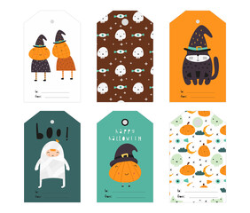 Halloween gift tags with hand drawn lettering and Halloween characters and elements for holiday mood. Funny pumpkins, black cat, mummy. Vector illustration.