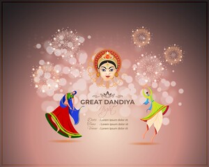 Vector illustration of Great Dandiya Night, two people playing dandiya, Goddess Durga face, Indian festival celebration, colorful fireworks, Navratri banner template.