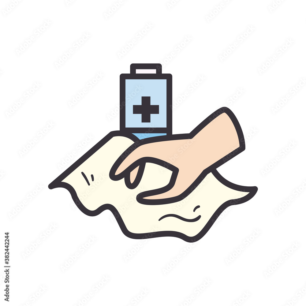 Poster hand with tissue and battery line and fill style icon vector design