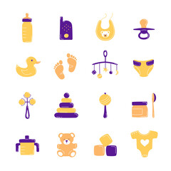 Set of cute colored baby icons. Various items for newborns. Collection of vector illustrations in hand drawn style